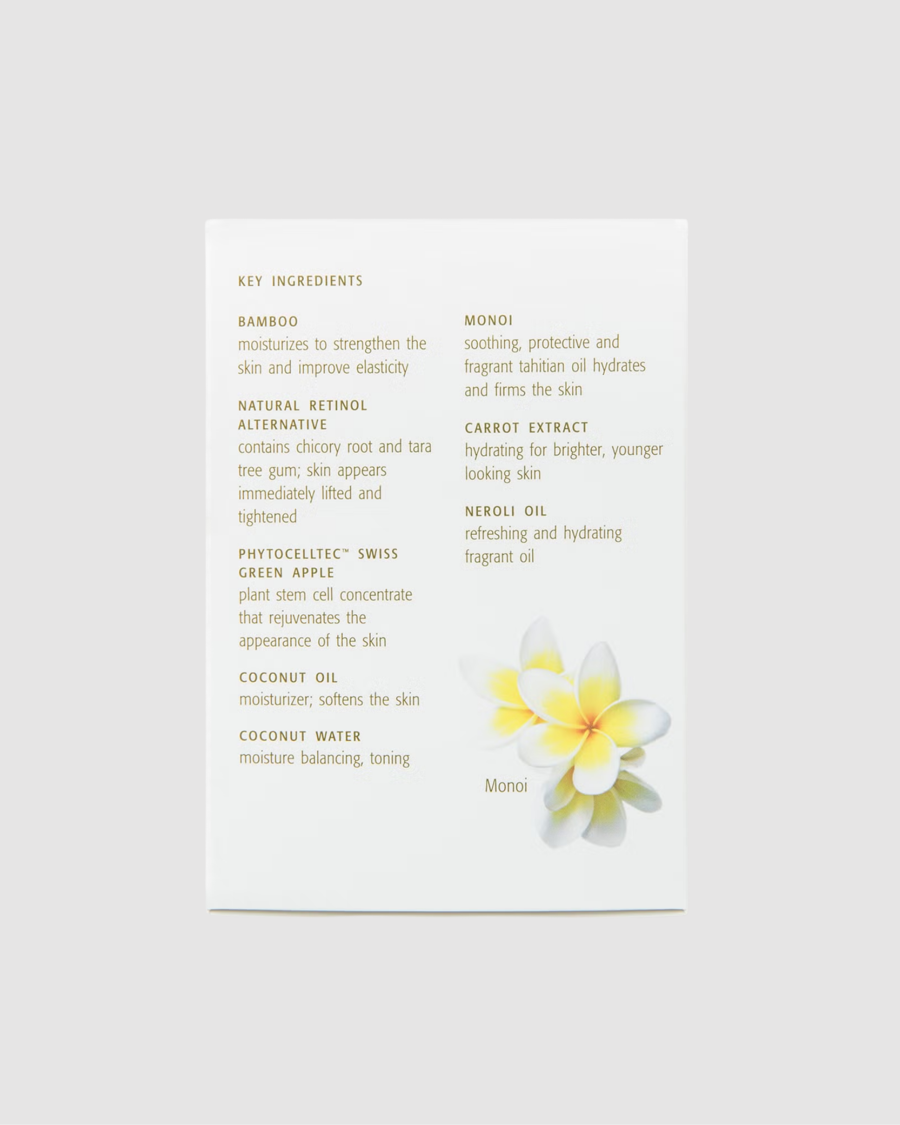Product label with ingredients list and a flower graphic on a white background