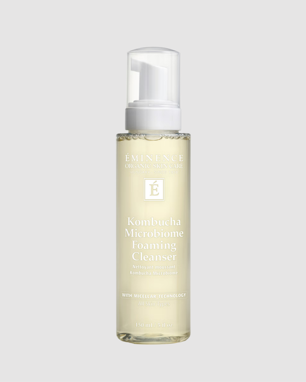 Skincare bottle labeled 'Kombucha Micelium Foaming Cleanser' on a light gray background