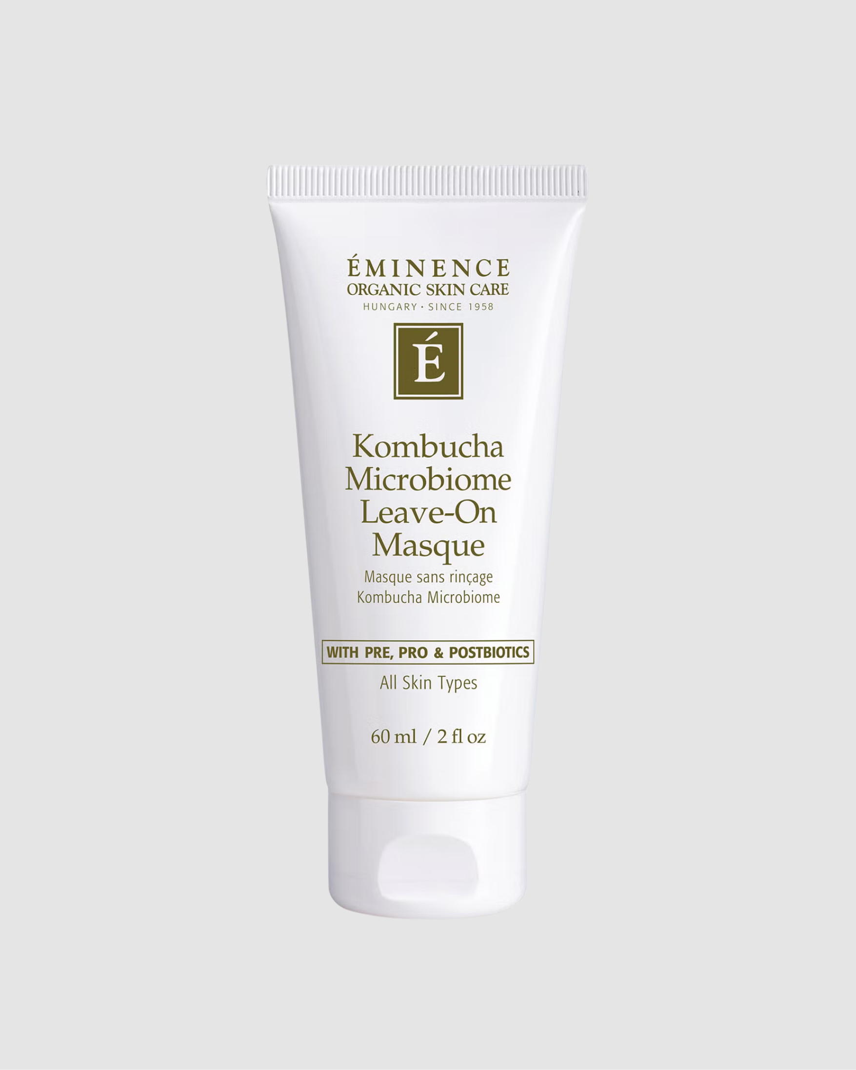 Tube of Eminence Kombucha Microbiome Leave-On Masque on a light gray background