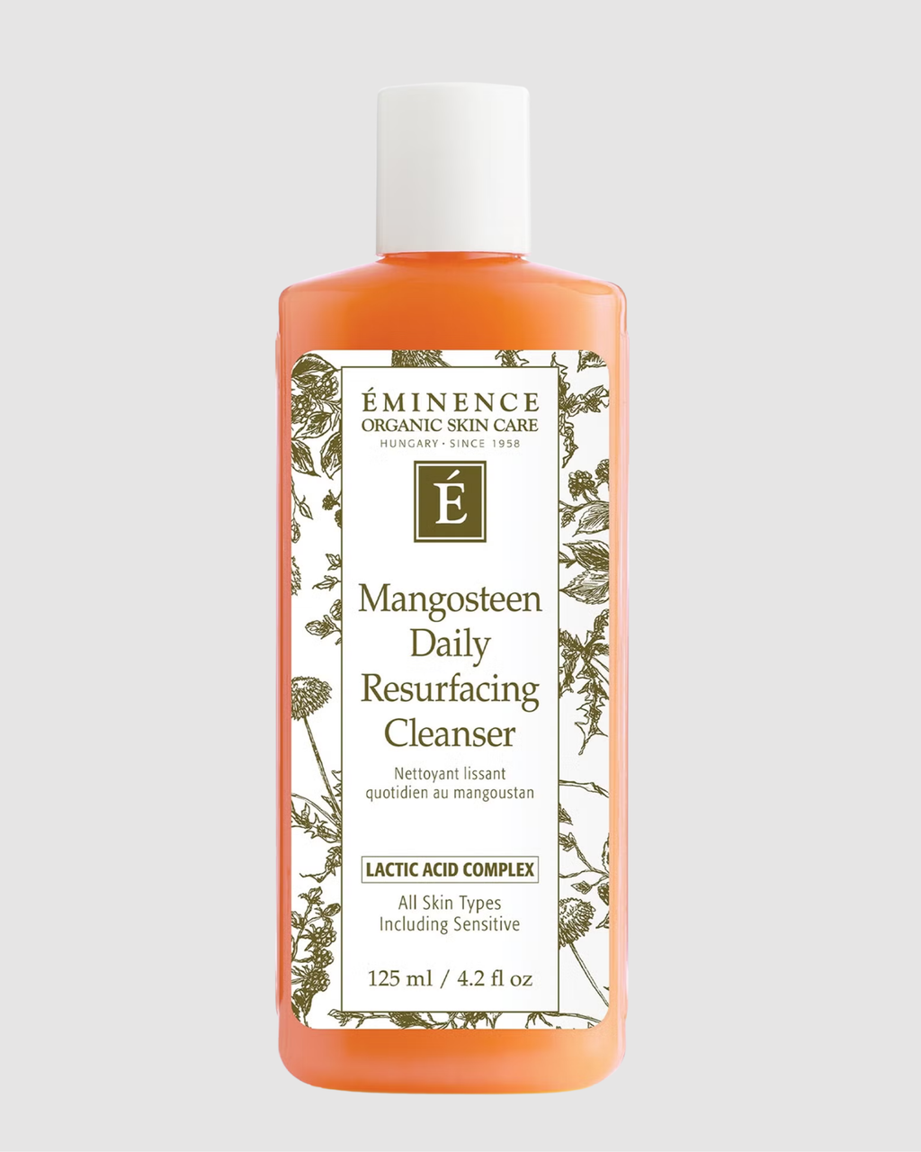 Eminence Organic Skin Care Mangosteen Daily Resurfacing Cleanser bottle on a light gray background