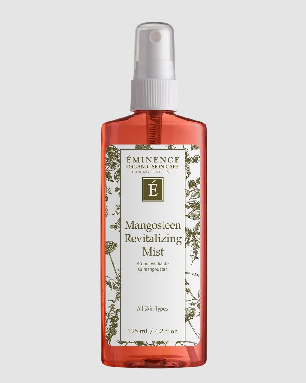 Eminence Mangosteen Revitalizing Mist bottle on a light gray background