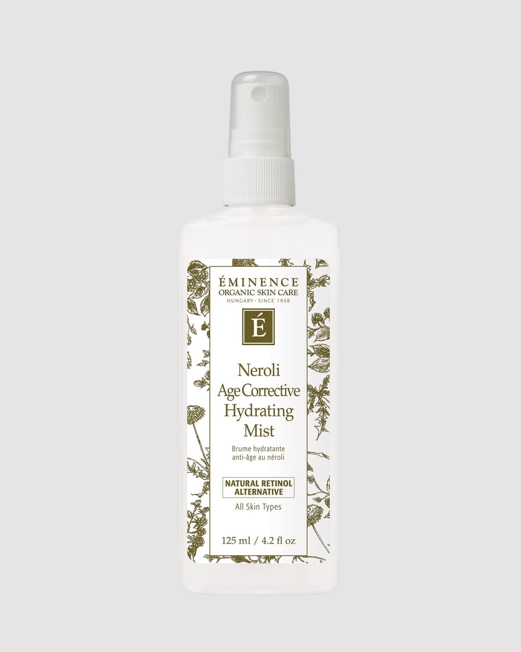 Eminence Organic Skin Care Neroli Age-Corrective Hydrating Mist bottle on a light gray background