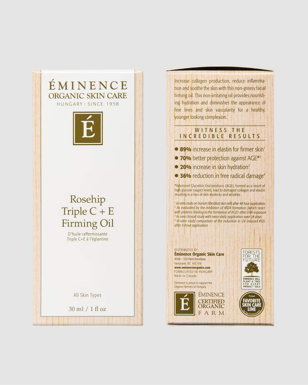 Eminence Organic Skin Care Rosehip Triple C + E Firming Oil packaging on a white background
