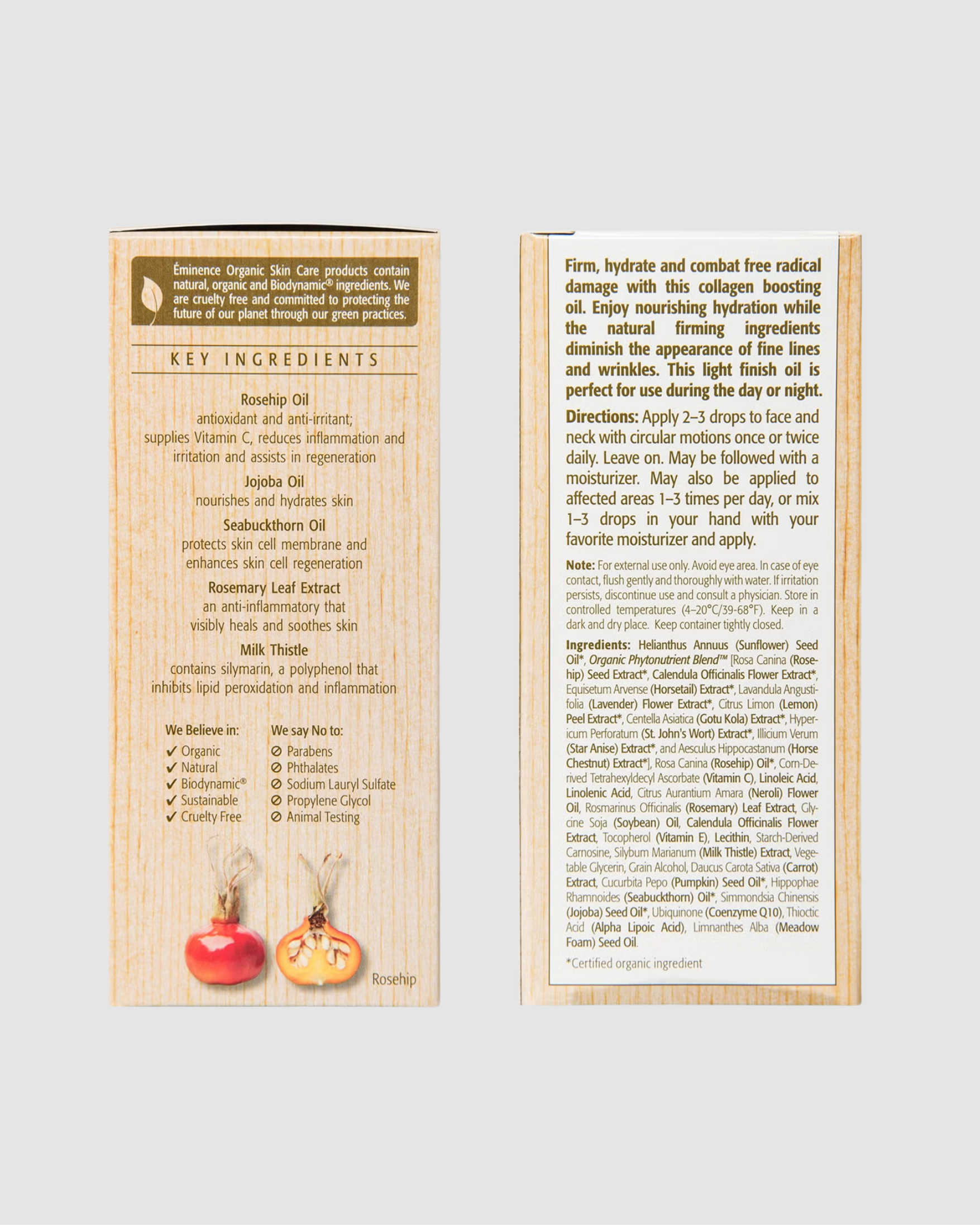 Product packaging with key ingredients and usage instructions on a light gray background