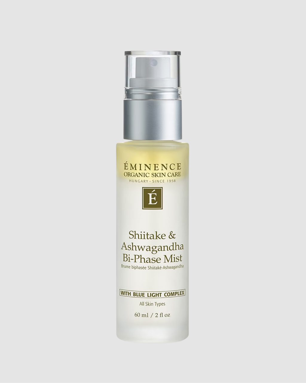 Eminence Organic Skin Care bottle of Shiitake & Ashwagandha Bi-Phase Mist on a light gray background