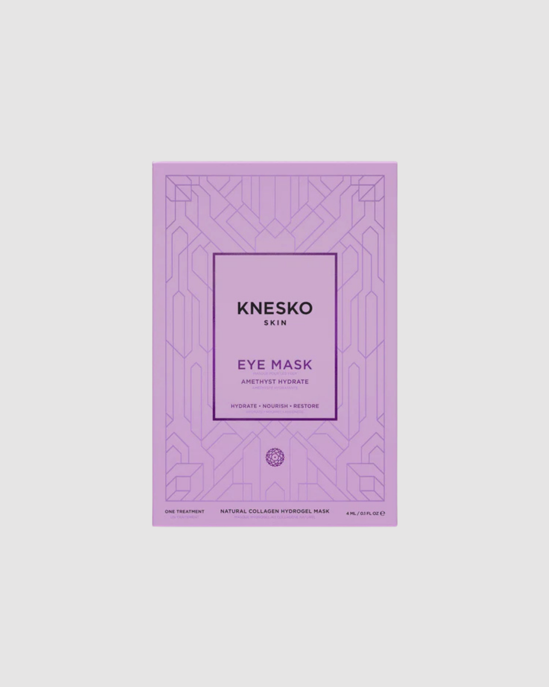 Knesko eye mask packaging on a light purple background