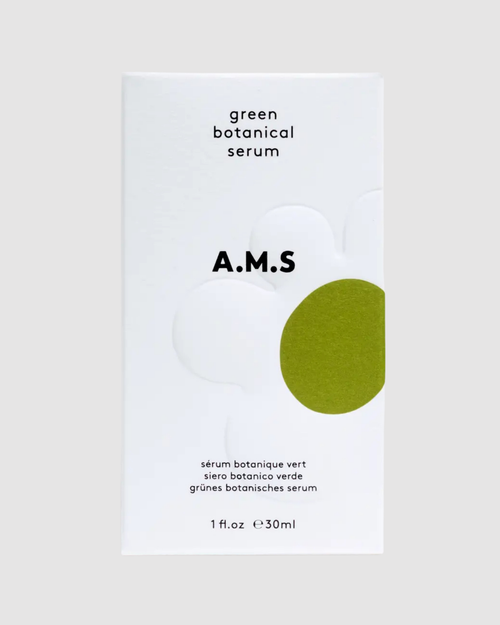 A.M.S green botanical serum packaging on a white background