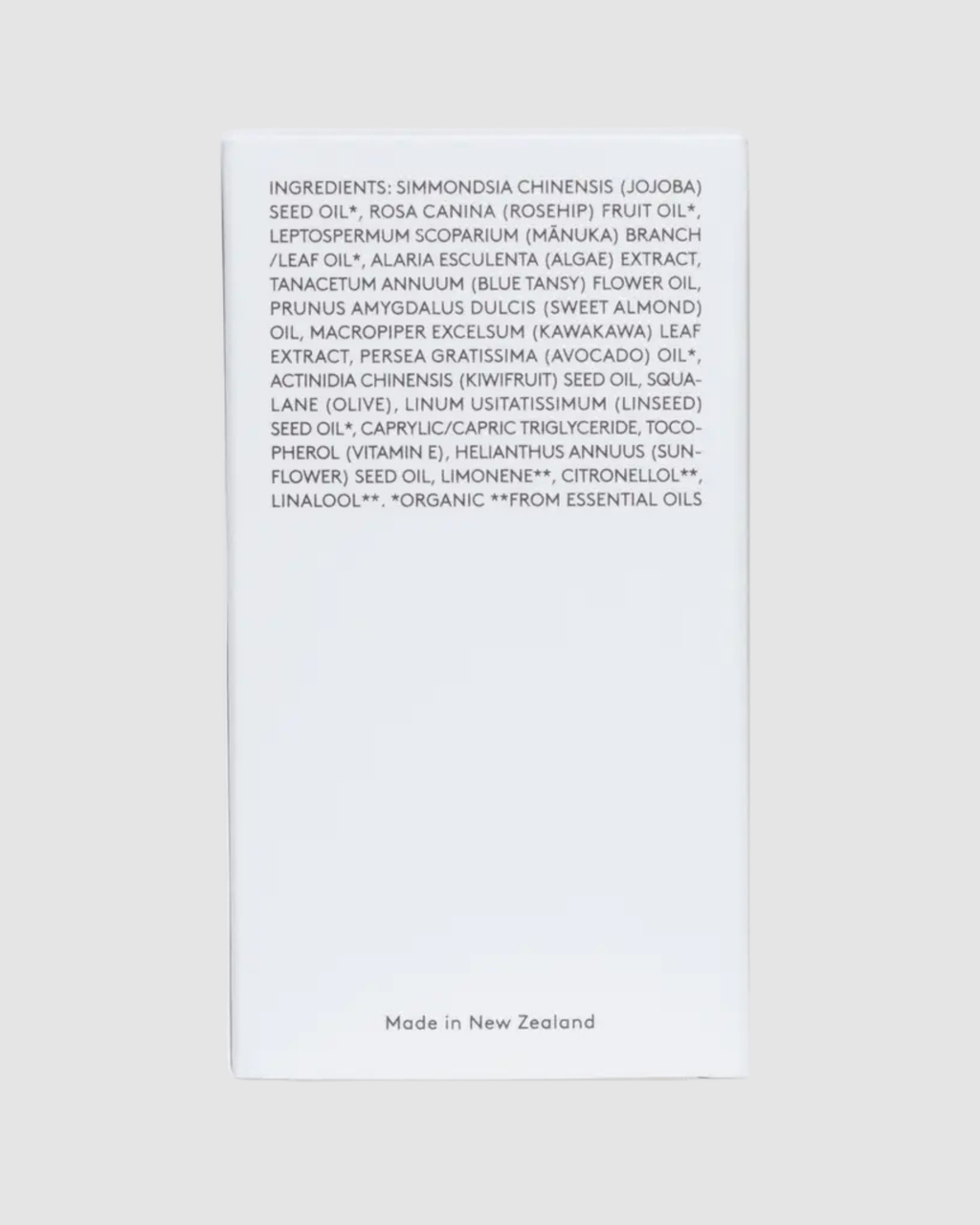 List of ingredients on a white background with 'Made in New Zealand' text at the bottom.