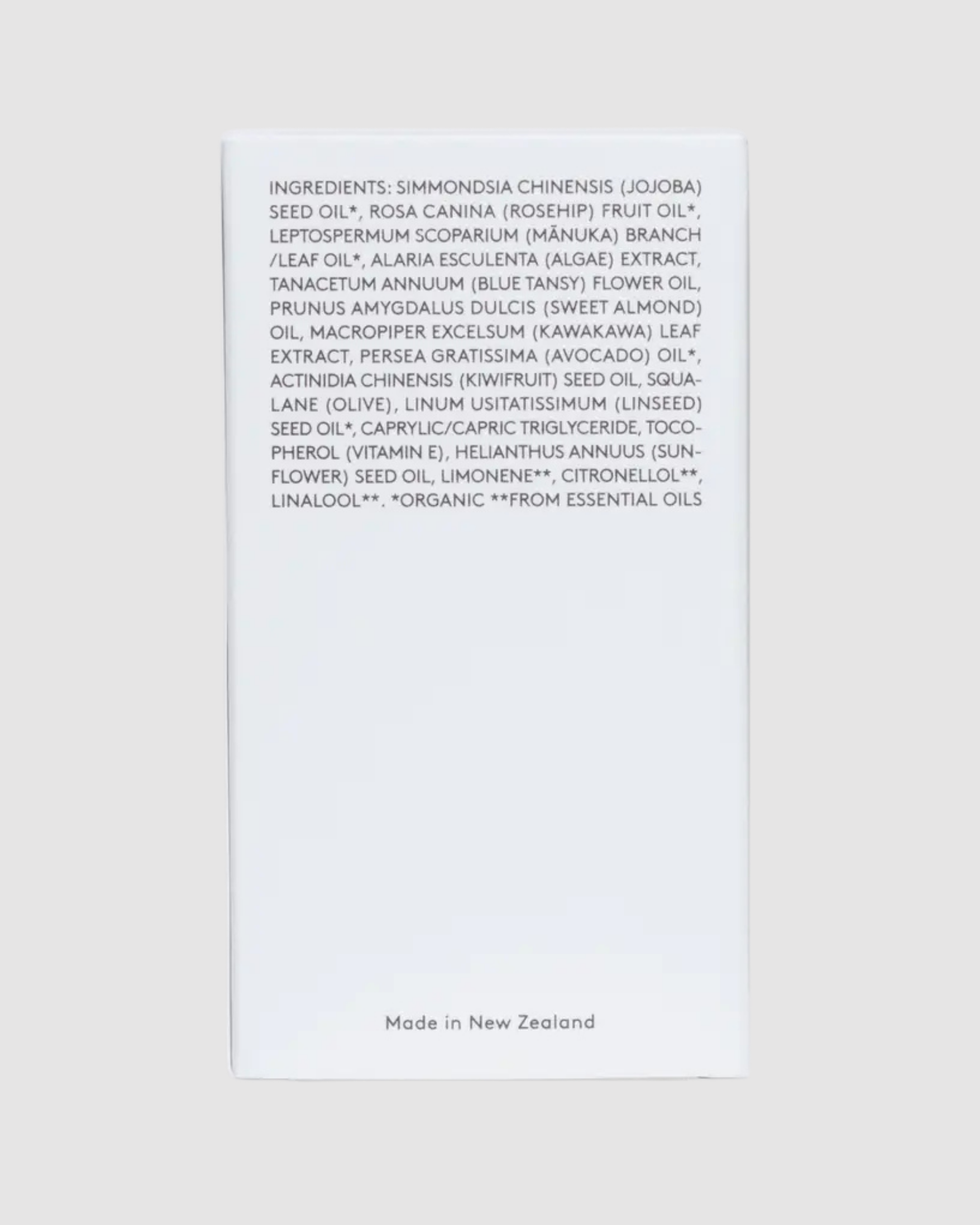 List of ingredients on a white background with 'Made in New Zealand' text at the bottom.