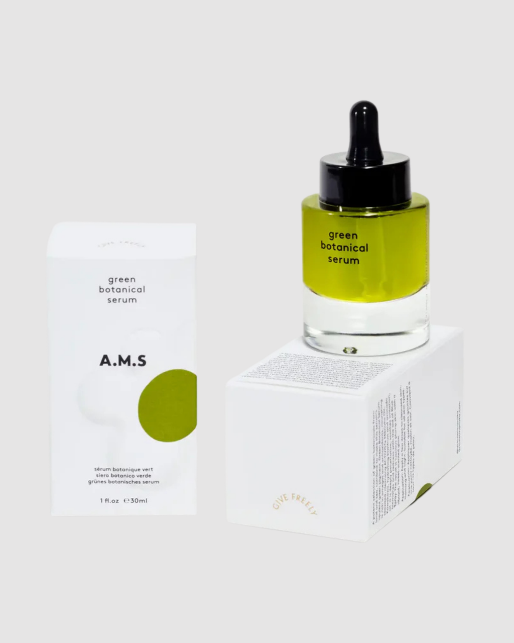 A.M.S green botanical serum with packaging on a white background