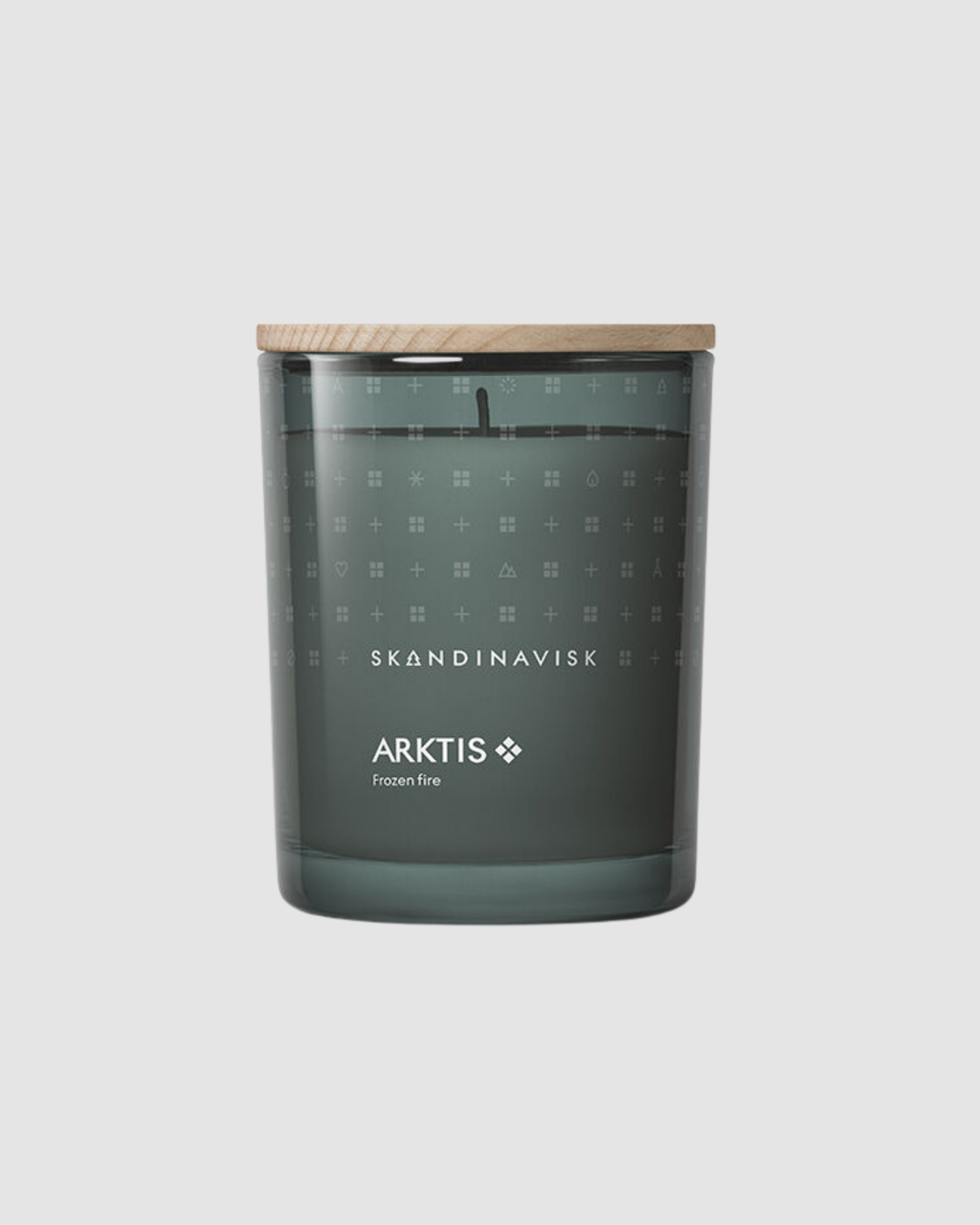 Skandinavisk Arktis candle with wooden lid on a light gray background