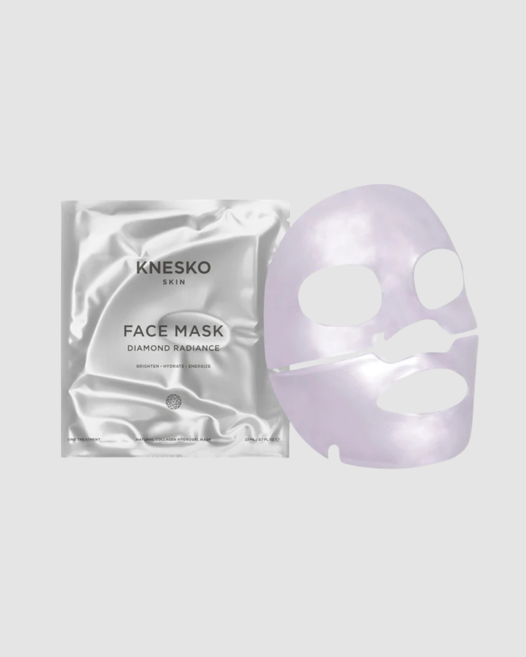 Knesko face mask packaging and mask sheet on a light gray background