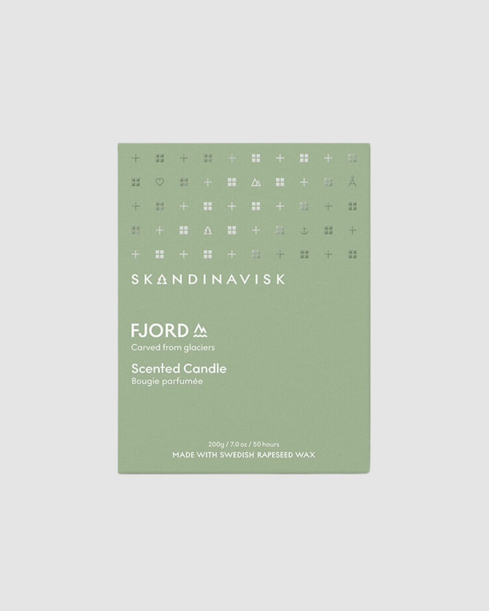 Skandinavisk Fjord scented candle packaging on a light gray background
