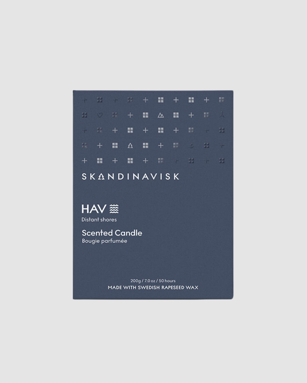 Skandinavisk HAV scented candle packaging on a light gray background