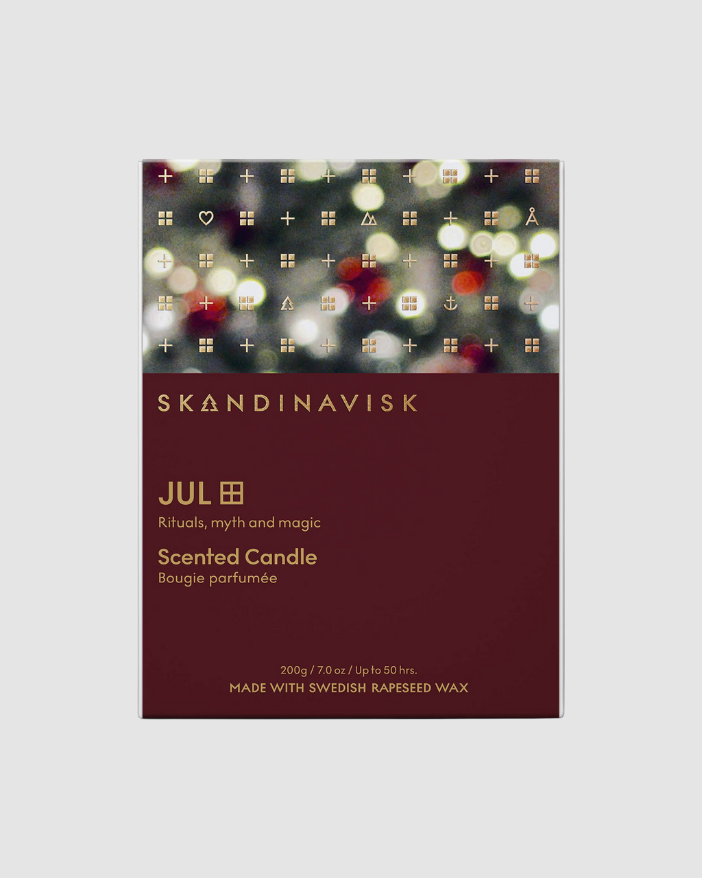 Skandinavisk scented candle packaging with festive design