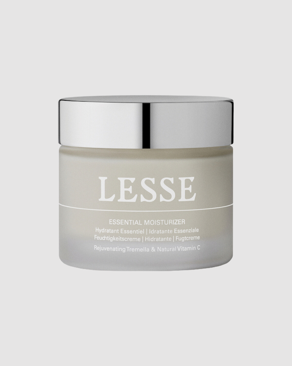 Jar of LESSE essential moisturizer on a light gray background