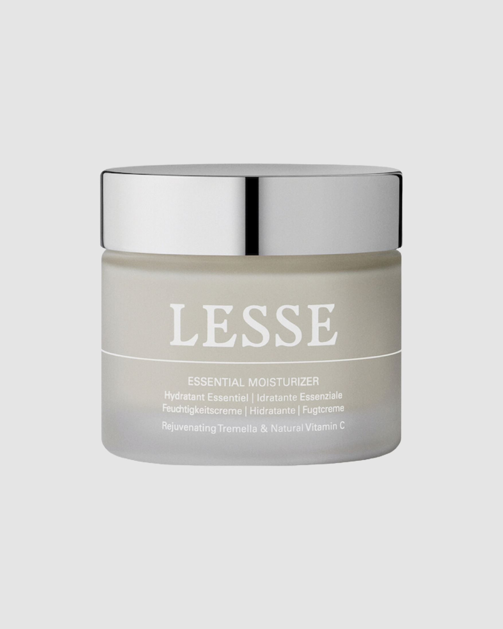 Jar of LESSE essential moisturizer on a light gray background