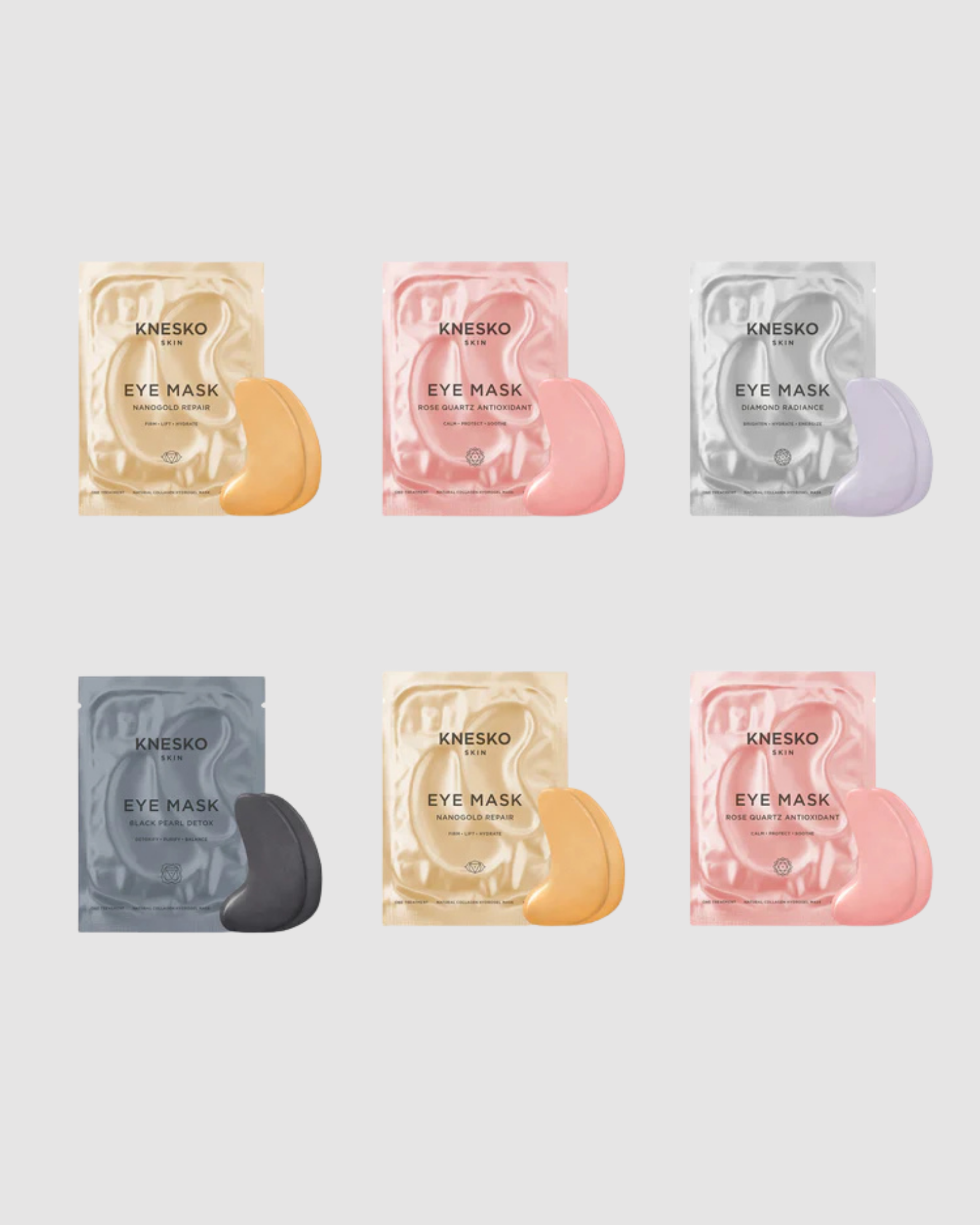 Knesko eye masks in various colors on a light gray background
