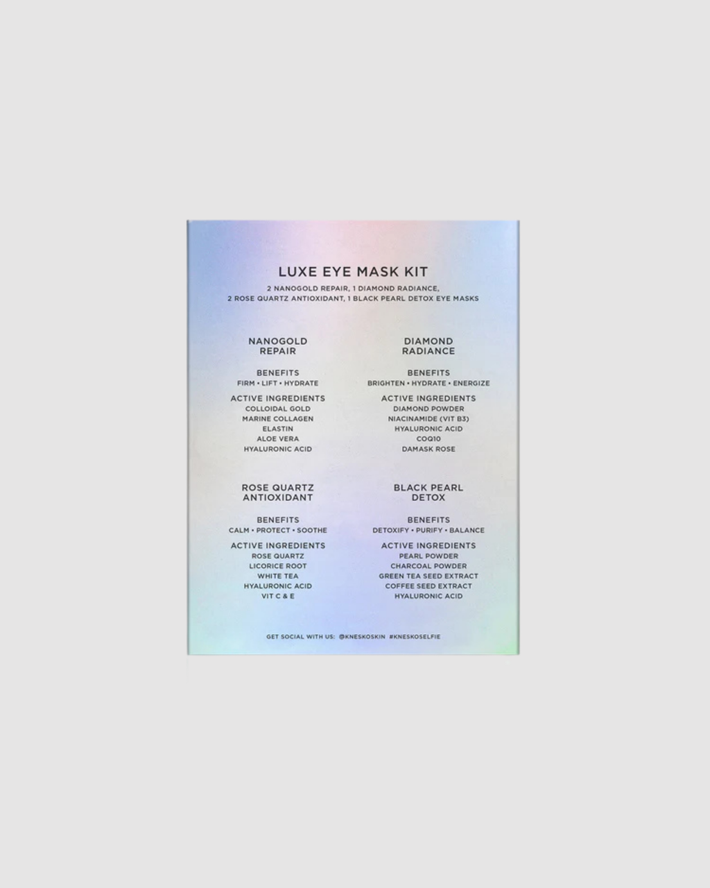 Luxe Eye Mask Kit packaging with product names on a gradient blue background