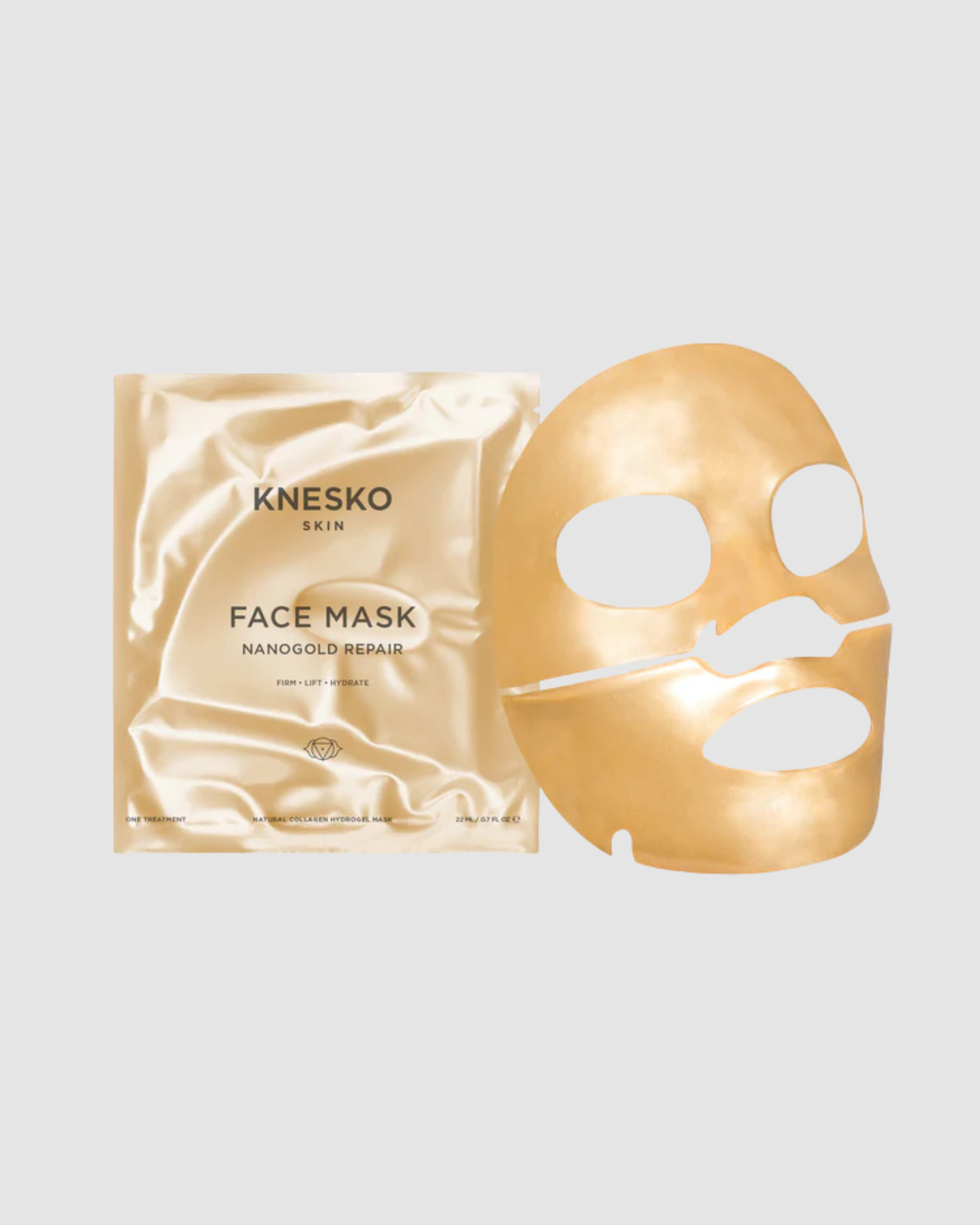 Knesko gold face mask with packaging on a light gray background
