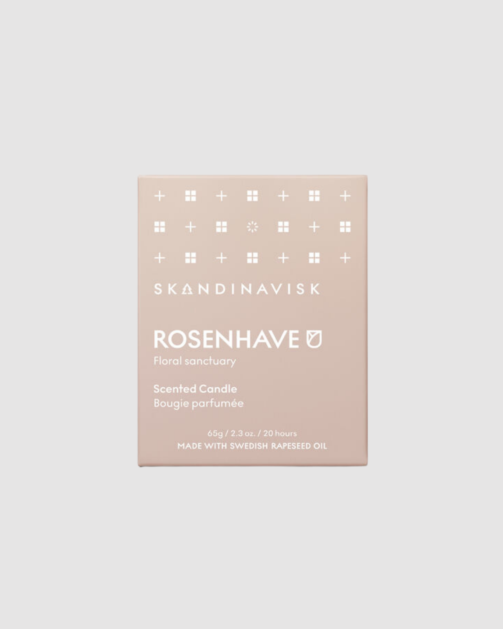 Skandinavisk Rosenhave scented candle packaging on a light gray background