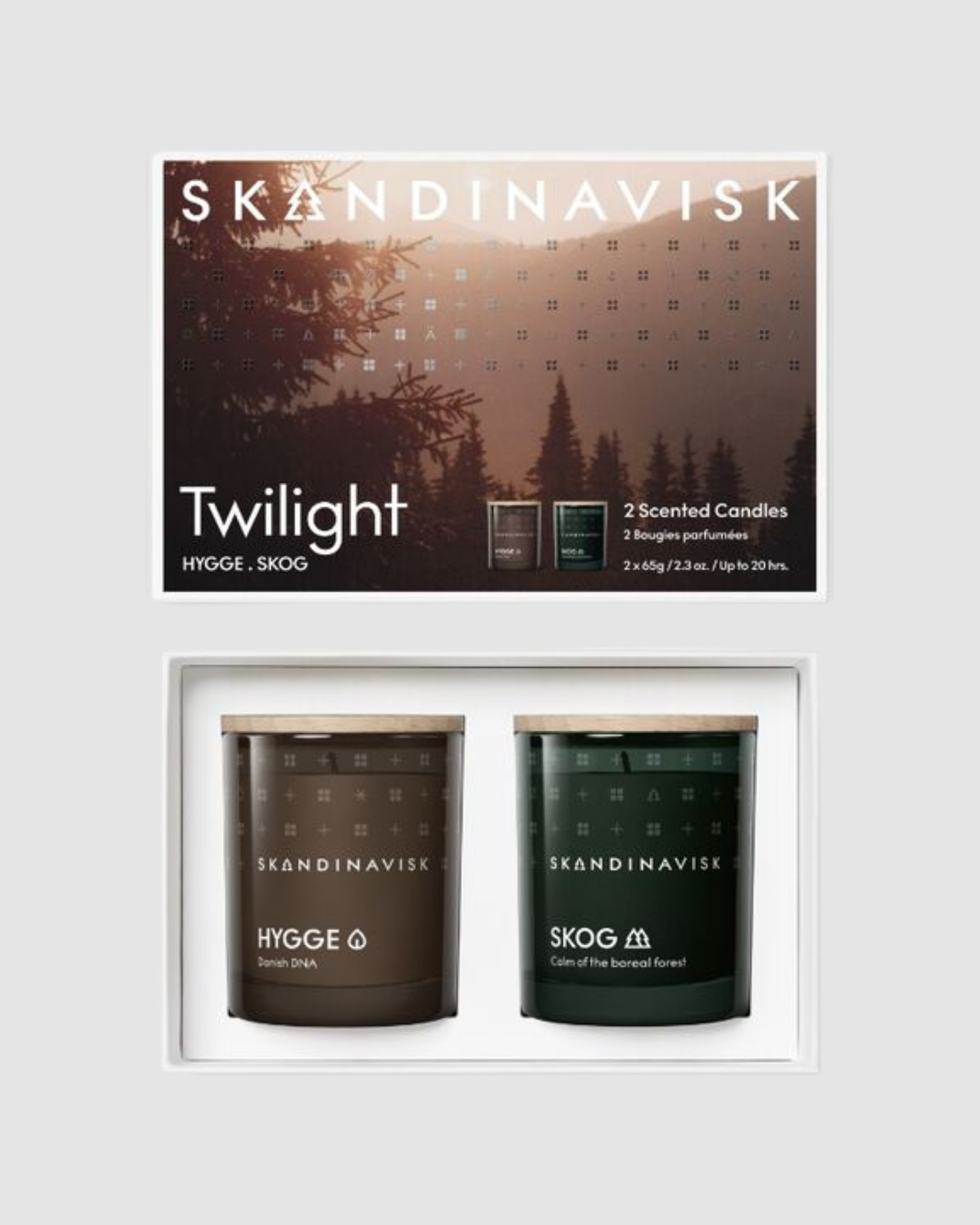 Skandinavisk Twilight scented candles set with packaging on a white background